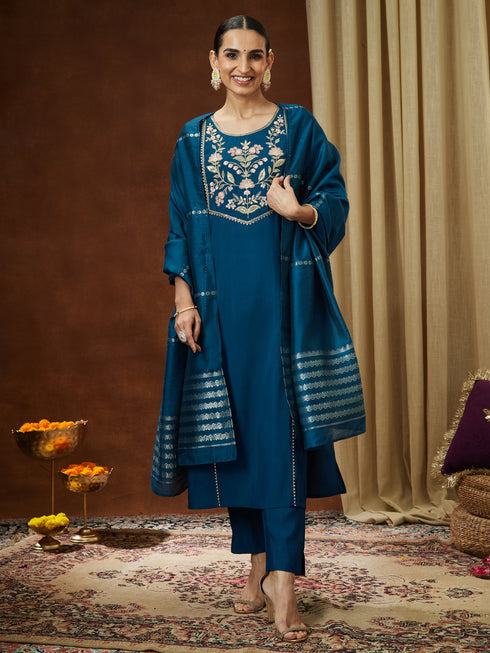 Janasya Women's Teal Blue Chanderi Silk Yoke Embroidered Straight Kurta Set